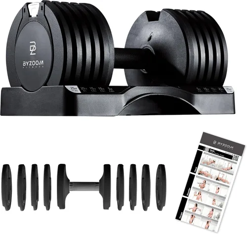 Vista 8 de ByZoom Fitness - Mancuerna ajustable de 12.5/25 libras – Unidad individual O juego de 2 – Peso ajustable 5-en-1 para gimnasio en casa, entrenamiento