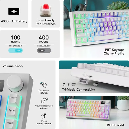 Vista 3 de TECWARE Teclado mecánico para juegos Spectre 75 Pantalla LCD personalizable y perilla Bluetooth inalámbrico de tres modos de 2.4 GHz Montaje