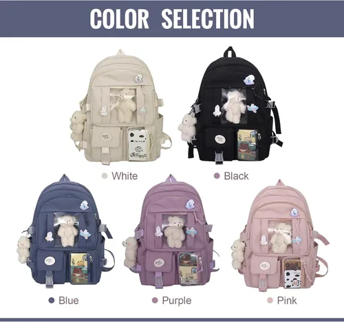 Vista 7 de Linda mochila Kawaii mochila con pin y accesorios, Blanco, Classic