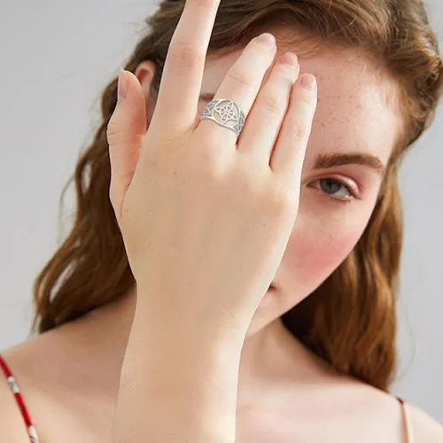 Vista 28 de UNIFT Anillo de nudo de bruja para mujer, acero inoxidable, celta, cuaternario, Wicca, estilo geométrico, anillo de nudo de brujería, amuleto