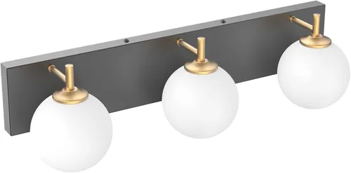Vista 3 de Aipsun Lámpara de tocador de baño moderna de mediados de siglo, 3 luces, pantallas de vidrio blanco lechoso, lámpara de baño negro/dorado