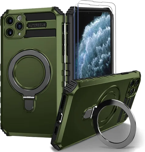 Vista 9 de Funda magnética para iPhone 11 [compatible con MagSafe] con 2 protectores de pantalla de vidrio templado con soporte de anillo, grado militar Azul
