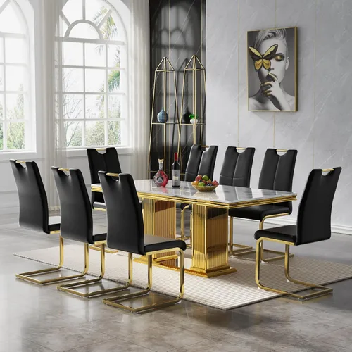Vista 62 de 5 Piece Black Marble Dining Table Set for 4, Modern Faux Marble Kitchen Dining Room Tables with 4 Leather Chairs Set, 68.11" Luxury Rectangular