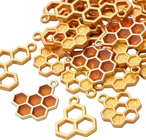 Vista 4 de BronaGrand 50 dijes esmaltados de nido de abeja de aleación de abeja con parte trasera abierta, bisel colgante para collar, pulsera, manualidades