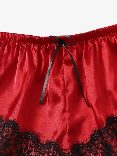Vista 4 de WDIRARA Conjunto de pijama de lencería con encaje floral de satén para mujer, 4 piezas, conjunto de pijama con bata