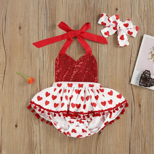 Vista 2 de Conjunto de ropa de 2 piezas para bebé recién nacida, para el día de San Valentín, manga con vuelo, estampado de corazón, tutú