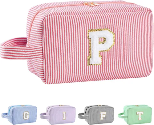 Vista 90 de Bolsa de maquillaje personalizada con inicial A-Z para mujeres, niñas y niños, bolsa de aseo de viaje, bolsa de maquillaje preparada, bolsa