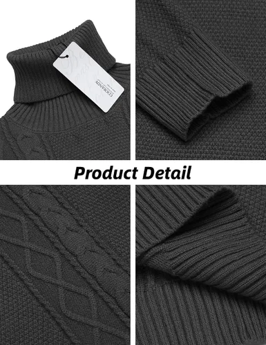 Vista 5 de COOFANDY Suéter de cuello alto ajustado para hombre, suéter de punto trenzado casual
