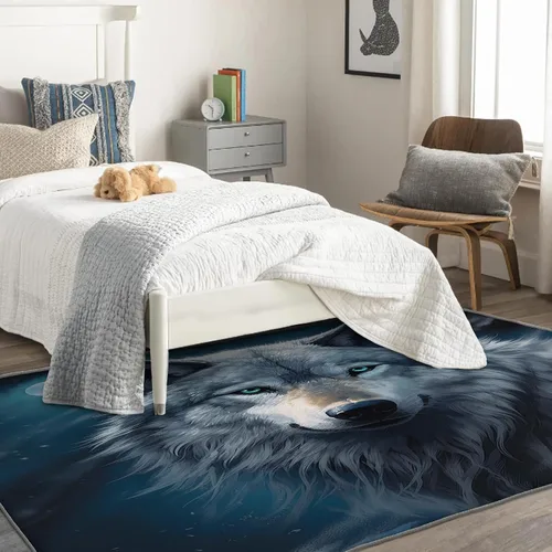 Vista 2 de Alfombra de lobo y decoración del hogar, alfombra de 5 x 7 pies, alfombras de animales salvajes para sala de estar, dormitorio, alfombra de lobos