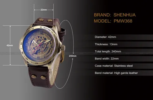 Vista 7 de reloj estilo vintage, carcasa de bronce, cuero marrón, mecánico automático, hombres, PMW368