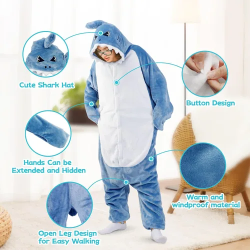 Vista 4 de Pijama de tiburón para adulto Disfraz de tiburón para cosplay, diseño de pierna abierta no afecta a caminar, franela súper suave y acogedora (XXL)