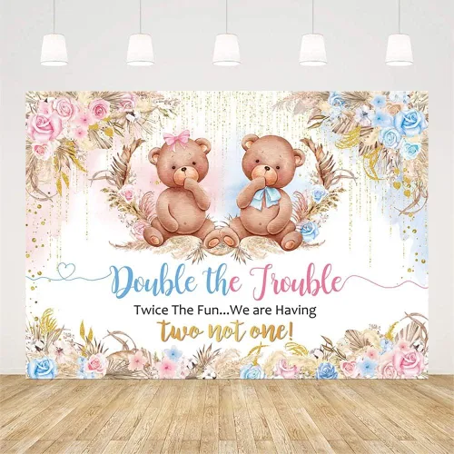 Vista 2 de AIBIIN Fondo de 7 x 5 pies, diseño de oso doble The Trouble Baby Shower It's Twins, decoración de fiesta de baby shower, dos veces la diversión