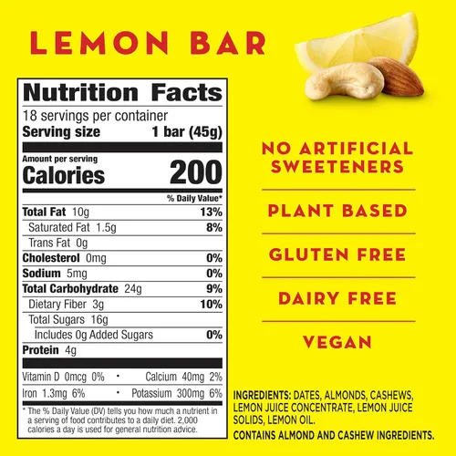 Vista 2 de Larabar - Barra de limón, barra vegana de frutas y nueces sin gluten, barras de 1.6 onzas, 18 unidades 6 ingredientes reales, dátiles, almendras