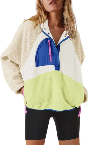 Vista 34 de Nirovien - Chaqueta de forro polar con capucha para mujer, manga larga, sherpa, sudadera mullida, abrigada, con botones y bolsillos Un rosa