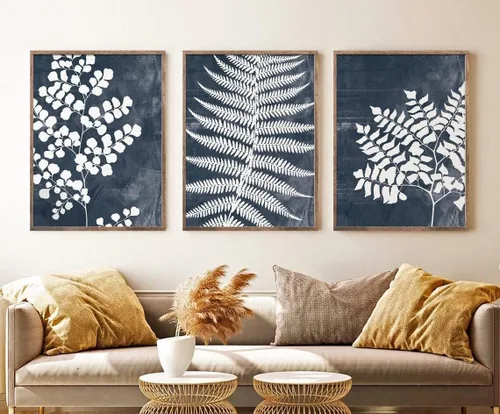Vista 5 de NATVVA 3 piezas de arte de pared botánico de flores salvajes, impresiones en lienzo de hojas de línea azul marino, póster floral, pintura para sala