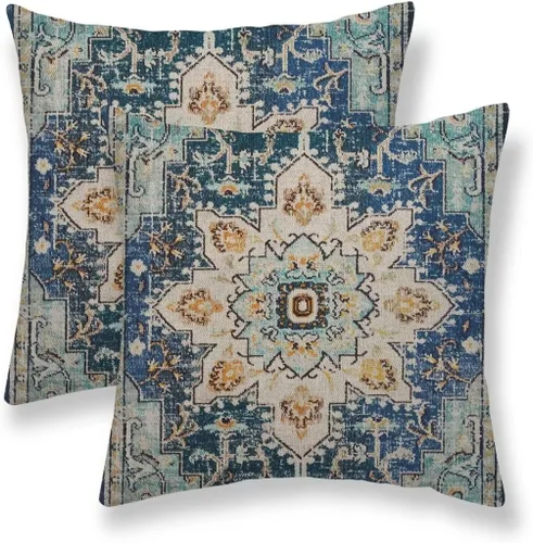 Vista 24 de Juego de 2 fundas de almohada bohemias de 16 x 16 pulgadas, color negro y marrón, fundas de almohada con patrón de alfombra étnica rústica, fundas