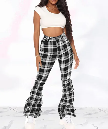 Vista 4 de ECDAHICC Pantalones vintage apilados a cuadros para mujer, estilo retro, de talle alto, a cuadros, acampanados, fruncidos