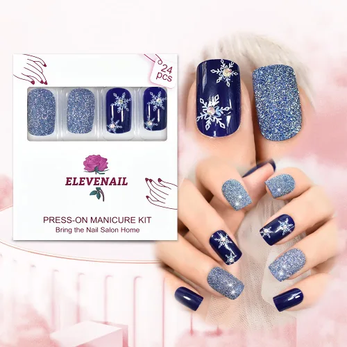Vista 2 de ELEVENAIL Uñas postizas a presión de Navidad con purpurina azul oscuro, diseño de copo de nieve y diamantes de imitación de Navidad, longitud media