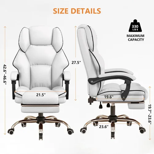 Vista 2 de Silla ejecutiva de oficina con respaldo alto, sillas de juegos para computadora, escritorio de cuero con reposapiés, trabajo ergonómico grande y Gris