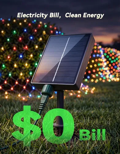 Vista 3 de LitHome Red solar de 11.5 x 5 pies, impermeable, 240 luces LED solares y USB, control remoto, 8 modos de luz de malla para arbustos, jardín, césped