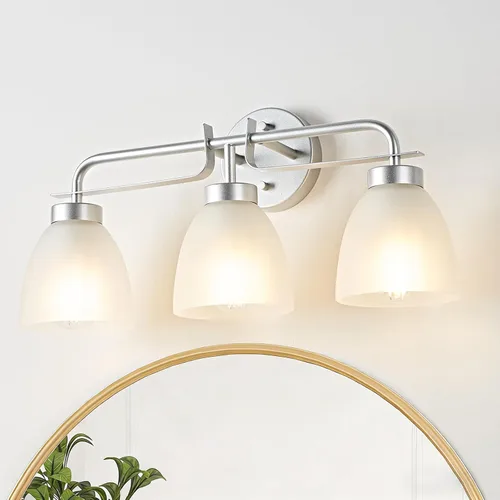 Vista 10 de Luces de tocador modernas de mediados de siglo de 16 pulgadas, lámpara dorada de 2 luces con pantallas de campana blancas esmeriladas, aplique