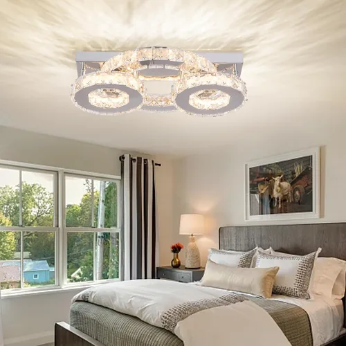 Vista 4 de Lámpara de techo de cristal regulable, moderna lámpara de techo de cristal de 3 anillos LED de montaje empotrado para comedor, dormitorio, sala