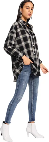 Vista 4 de SweatyRocks - Blusa tipo camisa larga para mujer, de manga larga, con cuello, abotonada, a cuadros.