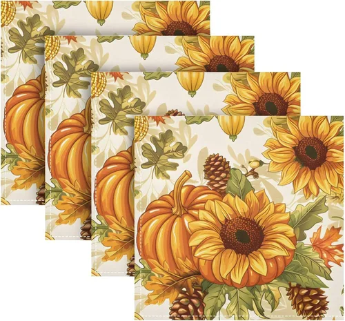 Vista 5 de MNSRUU Juego de 4 servilletas de tela para otoño, otoño, Acción de Gracias, calabaza, girasol, lavable, poliéster, cocina, servilletas de tela