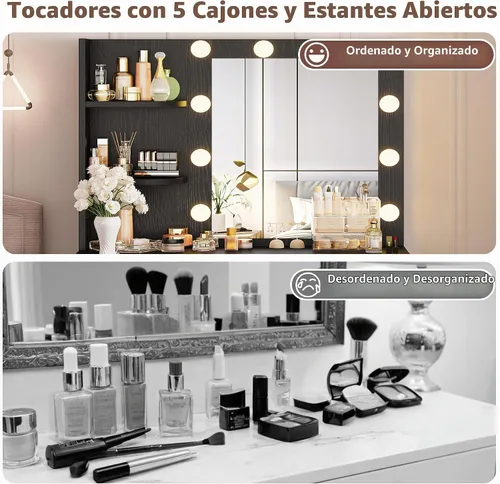 Vista 7 de IRONCK - Escritorio de tocador con espejo y luces, pequeña mesa de tocador de maquillaje con 5 cajones, toma de corriente y taburete de tocador, 3