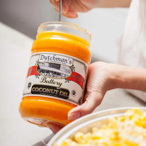 Vista 4 de Aceite de coco con sabor a palomitas de maíz de Dutchman’s, sabor a mantequilla, coloreado con beta caroteno natural, el secreto para hacer