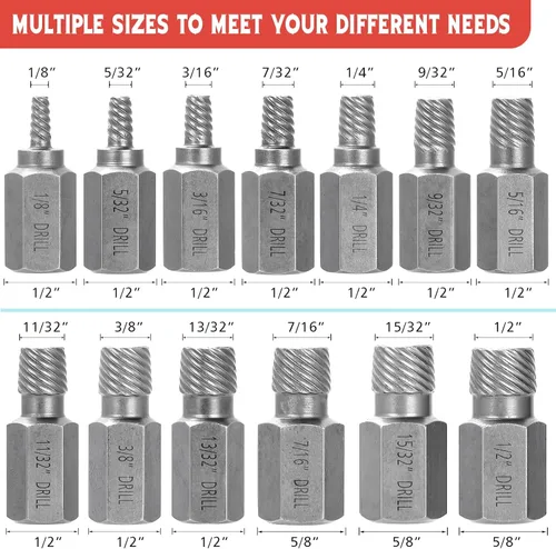 Vista 2 de Juego de 13 extractores de tornillos, cabeza hexagonal multi-estriada de fácil extracción, kit extractor de pernos para tornillos Allen dañados