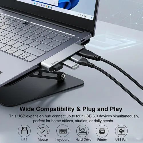 Vista 6 de Hub USB 3.0 del lado derecho, divisor USB sin cable de 4 puertos para laptop, diseño de enchufe directo, compatible con MacBook, portátiles