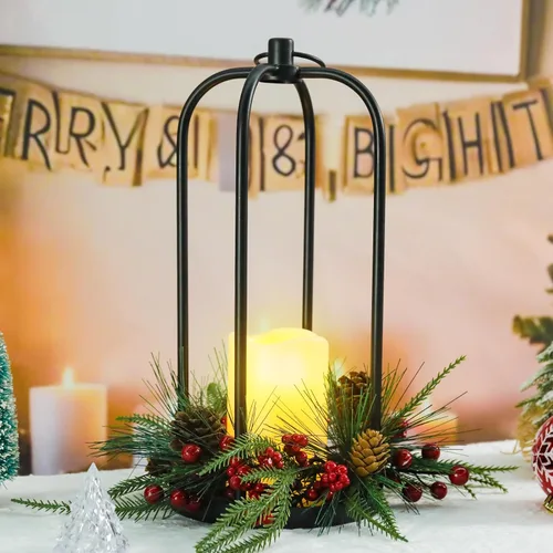 Vista 7 de Farol de Metal Navideño de 15" Faroles de Decoración Navideña para Exteriores con Vela LED Sin Llama Soporte Colgante, Farol Colgante Decorativo