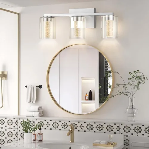 Vista 2 de Lámparas de baño modernas LED sobre espejo, 3 luces de tocador de níquel cepillado con 5 modos de color, lámpara de tocador de baño regulable