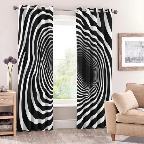 Vista 3 de Cortinas de ilusión óptica de 39 pulgadas de largo, juego de 2 paneles, cortinas negras y blancas para decoración de dormitorio, sala de estar