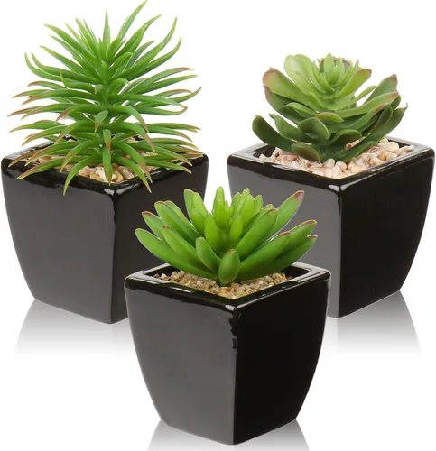 Vista 9 de Hollyone Plantas suculentas artificiales grandes en macetas, plantas suculentas falsas en macetas con maceta de cerámica negra para decoración