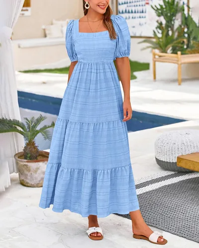 Vista 8 de PRETTYGARDEN Vestidos de verano para mujer, manga abombada, cuello cuadrado, cintura alta, fruncido, acampanado, holgado, vestido midi