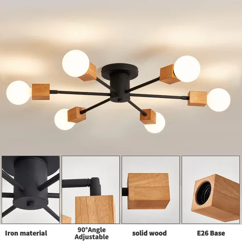 Vista 4 de Lámpara de techo de madera semiempotrada, 6 luces, lámpara Sputnik de madera rústica, iluminación de techo estilo granja, roble y negro con E26