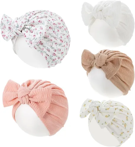 Vista 12 de Newborn Babies Headwrap Hat Infant Toddler Cotton Soft Cute Nursery Beanie Headbands Top Bowknot Cap Multicolor 5 piezas flor/9.8 ft-2 años