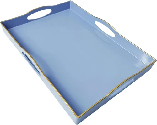 Vista 9 de Bandeja de servir azul con 4 asas, bandeja decorativa de plástico para mesa de café, otomana - Ideal para sala de estar y baño. 15 x 11 x 1.9