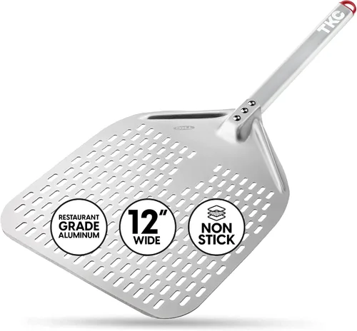 Vista 8 de TKC Pala Perforada para Pizza - Volteador de Pizza de Metal de 12 pulgadas compatible con Hornos Ooni, Uso Interior y Exterior, Mango Duradero