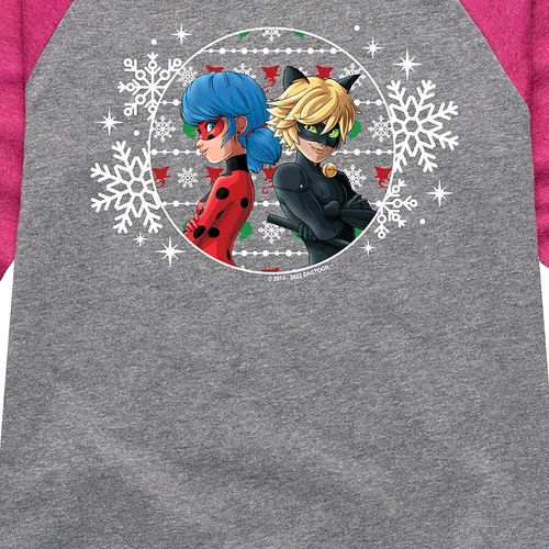 Vista 3 de HYBRID APPAREL - Miraculous Ladybug - Lady Bug Cat Noir Pattern - Camiseta con gráfico raglán para niñas jóvenes