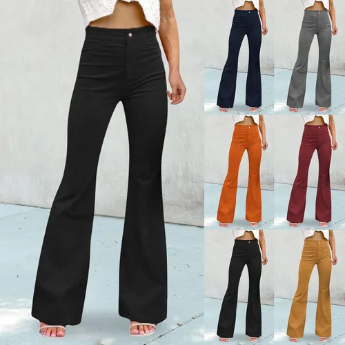 Vista 2 de Pantalones de pana para mujer, con corte de bota, control de abdomen, pierna ancha, ajustados, lisos, para negocios, trabajo, oficina, pantalones