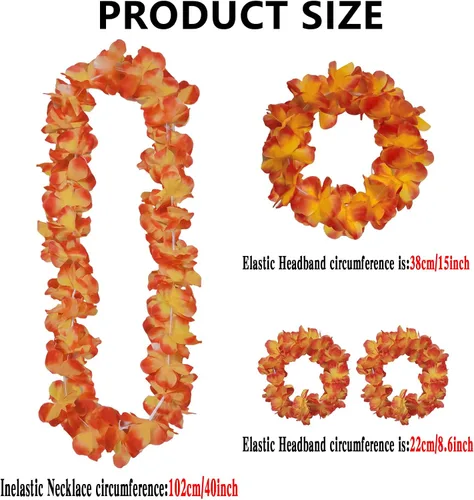 Vista 2 de 48 piezas de regalos de fiesta de Halloween, boda de otoño, naranja, Leis hawaiano Leis para fiesta Luau, 12 diademas, 24 pulseras, 12 guirnaldas