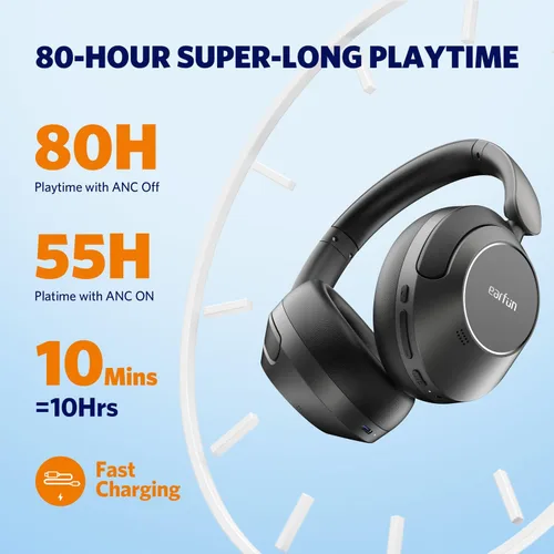 Vista 5 de EarFun Wave Pro - Auriculares inalámbricos con cancelación activa de ruido, auriculares Bluetooth sobre la oreja, sonido Hi-Res LDAC, 5 micrófonos
