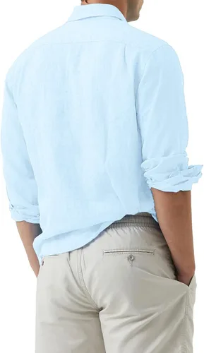 Vista 3 de JMIERR Camisa de vestir de manga larga con botones y lino de algodón para hombre