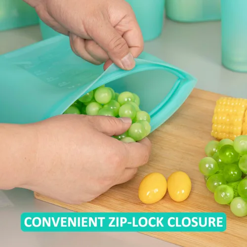 Vista 5 de Bolsas reutilizables para alimentos, paquete de 8, 100% bolsas de almacenamiento de alimentos de silicona con cierre de cremallera, aptas