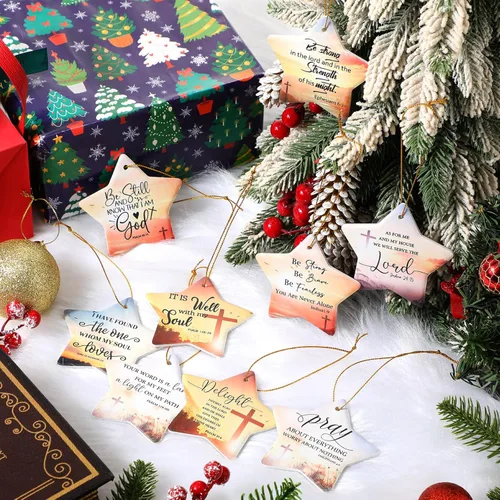 Vista 4 de Barydat 18 adornos de Navidad cristianos, versículo de la Biblia, adornos de cerámica para árbol de Navidad, en forma de estrella, escritura