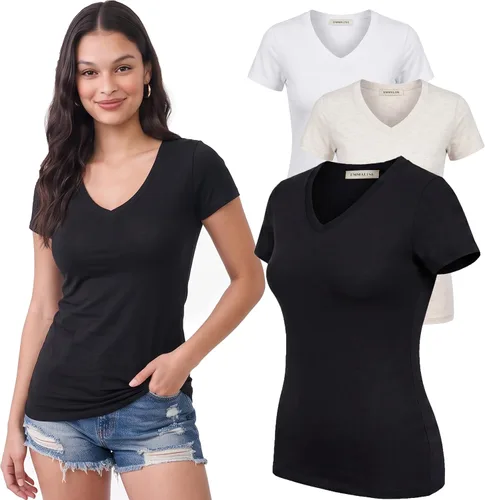 Vista 45 de Emmalise Camiseta de manga corta para mujer, cuello en V, tallas junior y plus