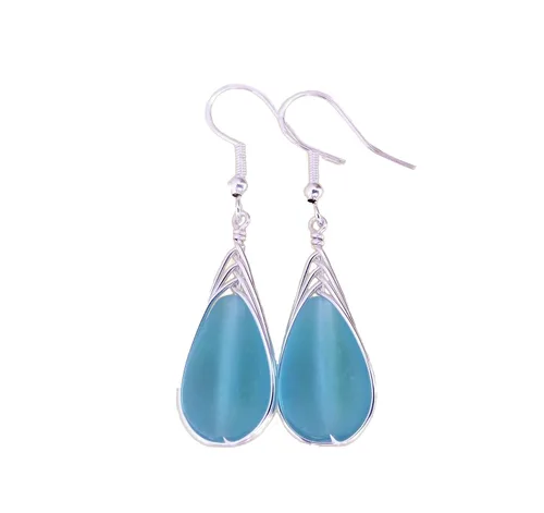 Vista 57 de Yinahawaii Handmade Sea Glass Earrings, Hawaiian Jewelry, Wire Braided Earrings Teardrop Earrings, Beach Jewelry Sea Glass Jewelry For Women Cobalt